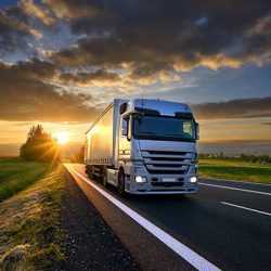 Truck driving on the asphalt road in rural landscape at sunset with dark clouds Truck driving on the asphalt road in rural landscape at sunset with dark clouds